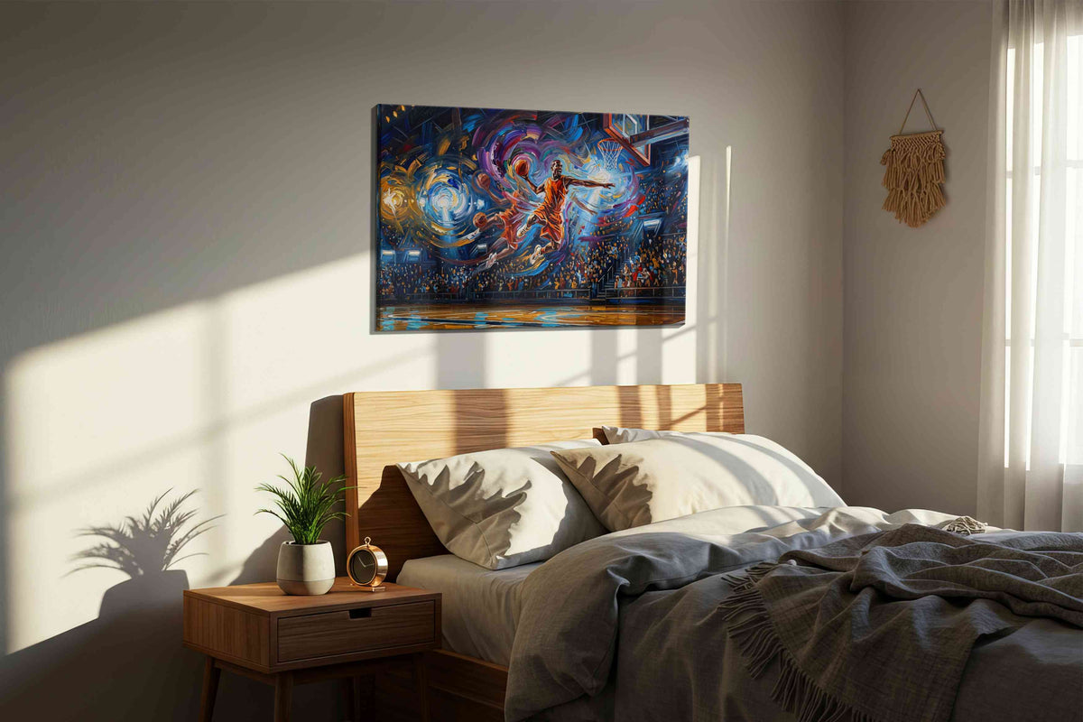 Luminescent Slam Dunk Symphony sports canvas print, displayed in a bedroom