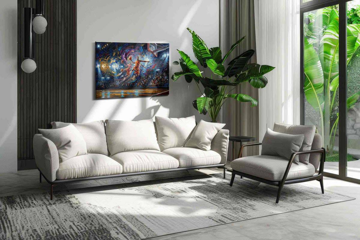 Luminescent Slam Dunk Symphony sports canvas print in a hung canvas mockup