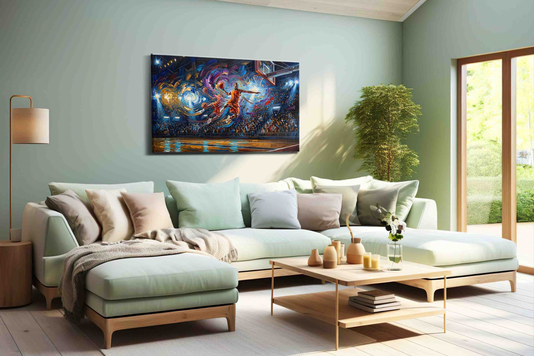 Luminescent Slam Dunk Symphony sports canvas print, hanging on wall