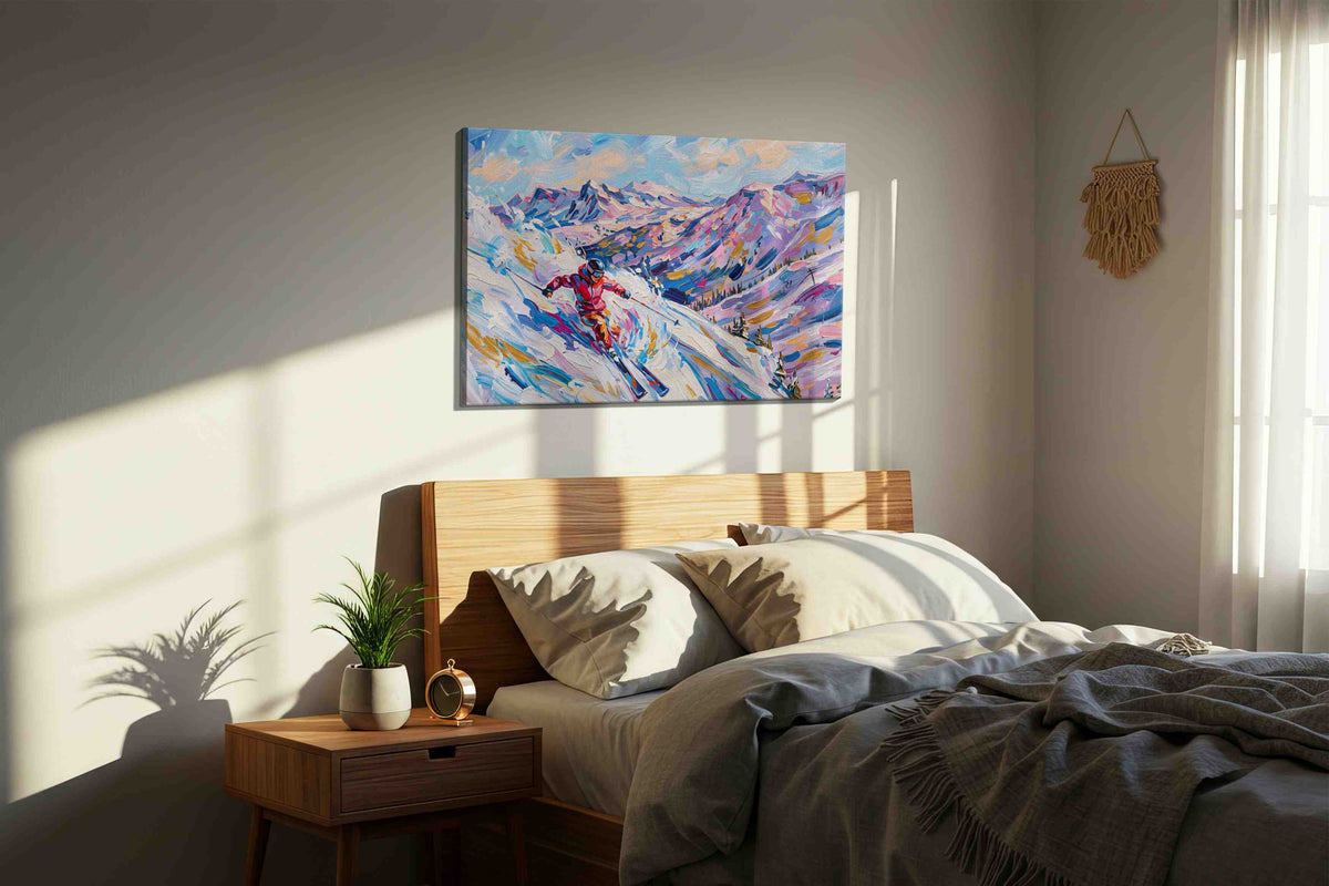 Slalom Through Serenity sports canvas print, displayed in a bedroom