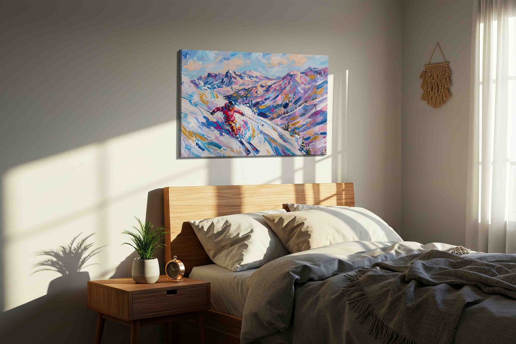 Slalom Through Serenity sports canvas print, displayed in a bedroom
