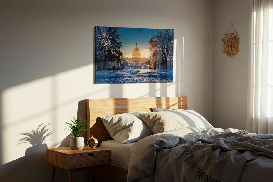 Capitol's Winter Majesty winter canvas print, displayed in a bedroom