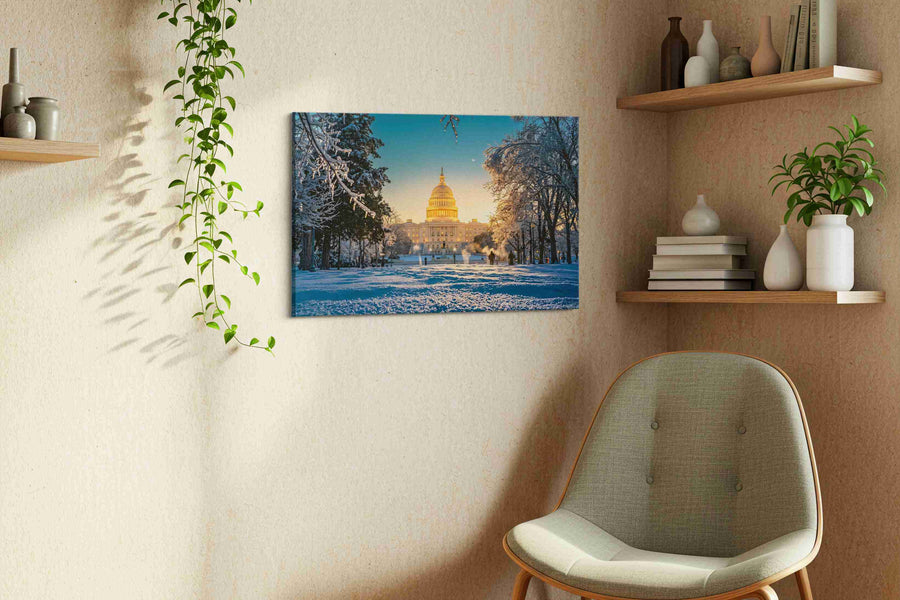 Capitol's Winter Majesty winter canvas print, displayed in a living room