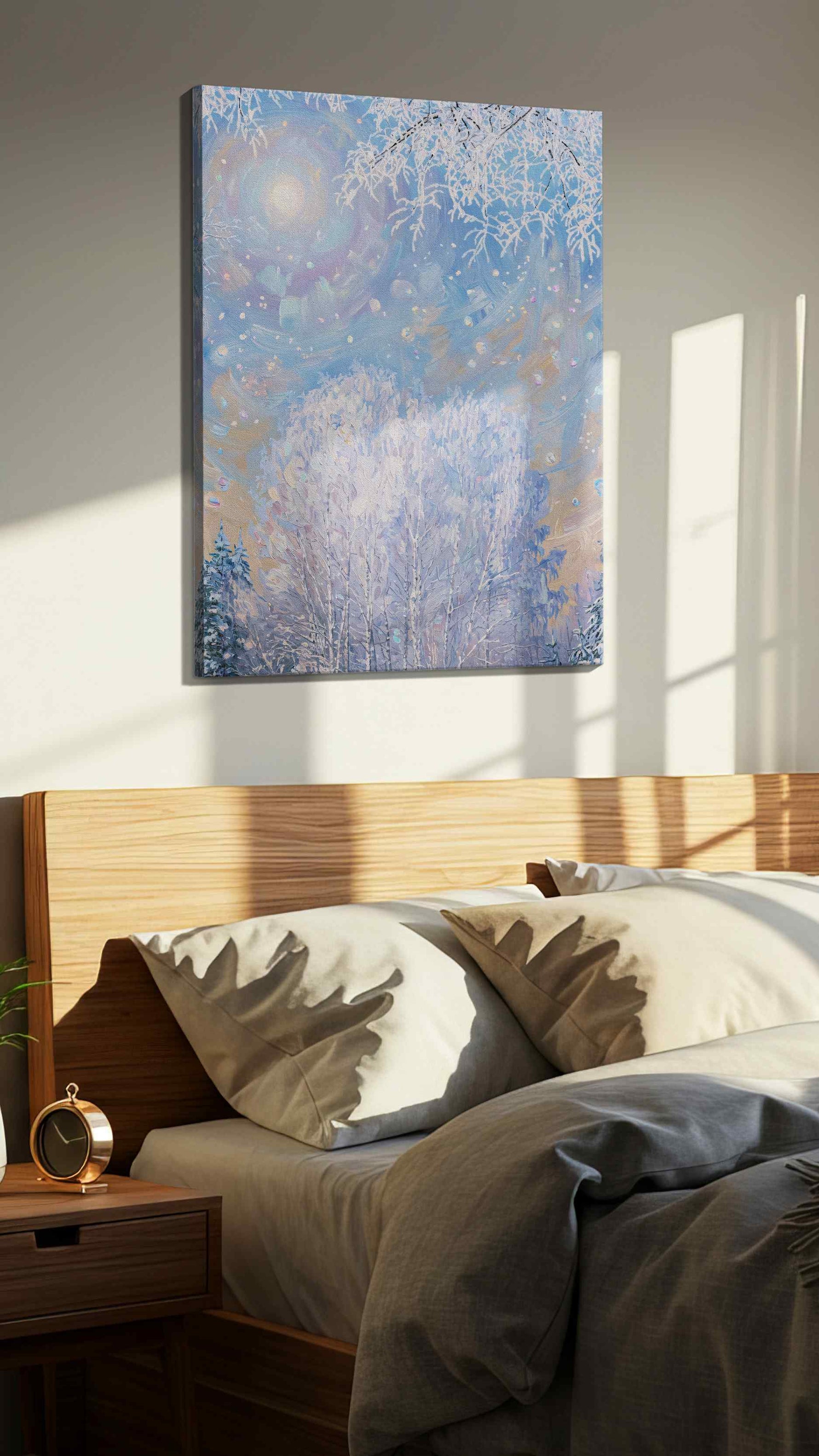 Enchanted Winter Solstice winter canvas print, displayed in a bedroom