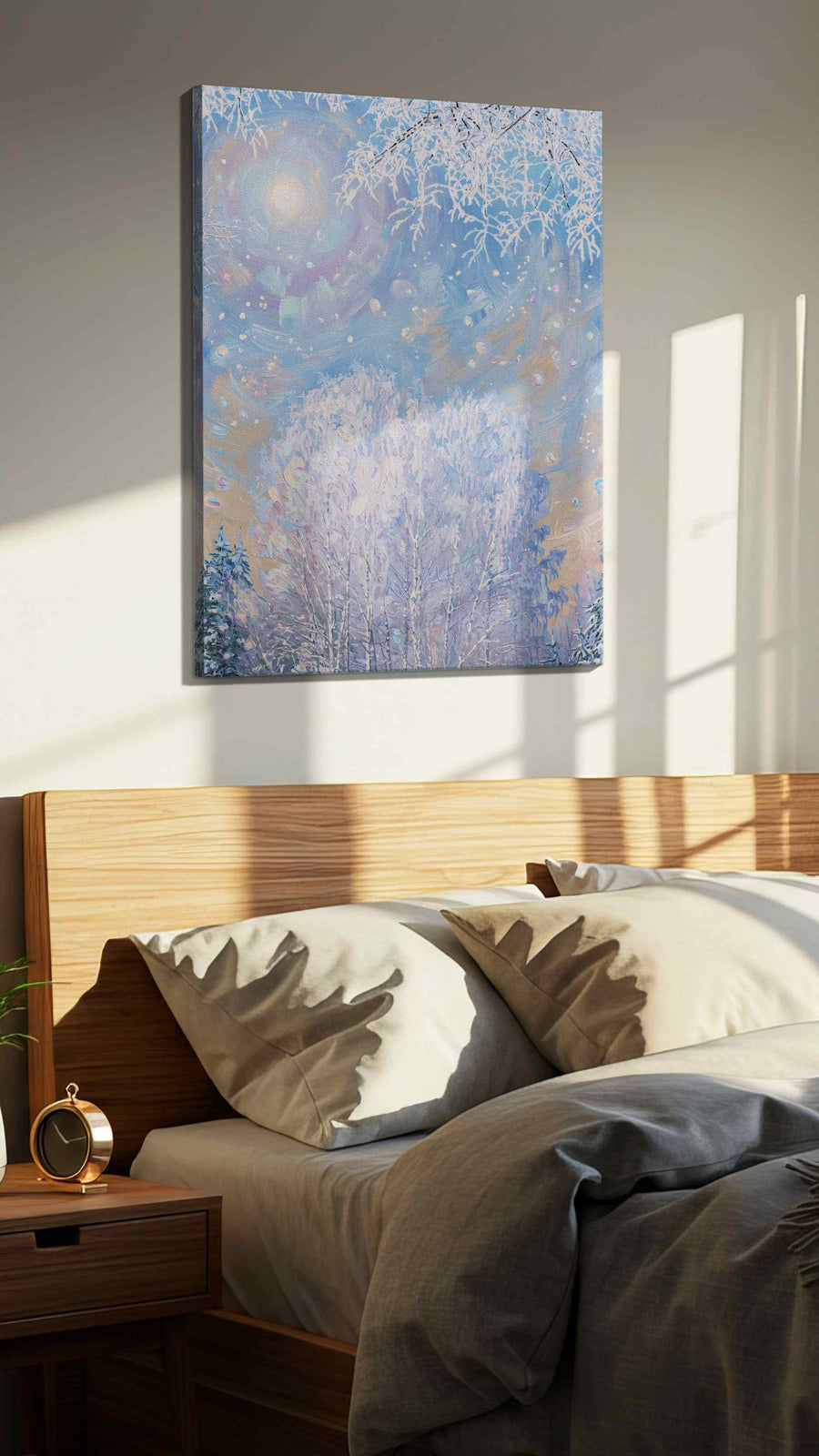 Enchanted Winter Solstice winter canvas print, displayed in a bedroom