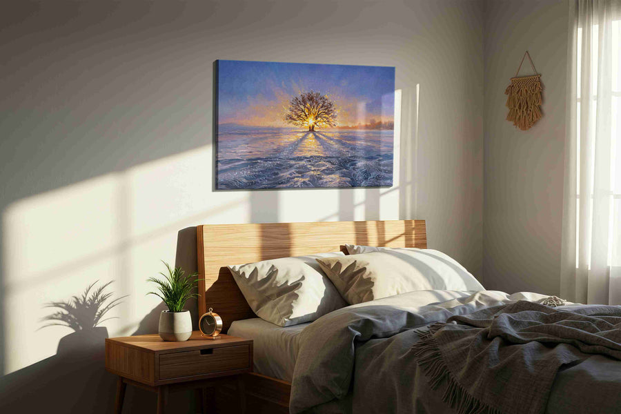 Eternal Light of Winter winter canvas print, displayed in a bedroom