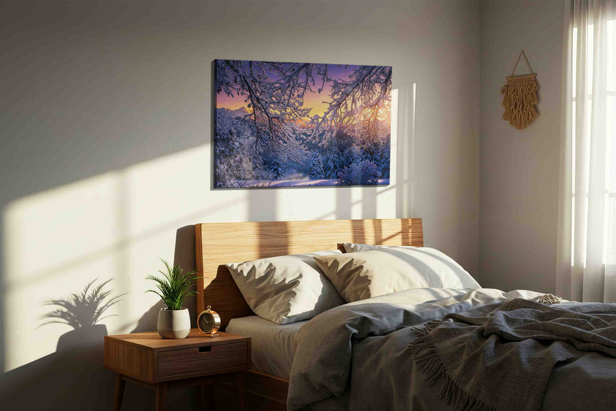 Ethereal Winter Dawn winter canvas print, displayed in a bedroom