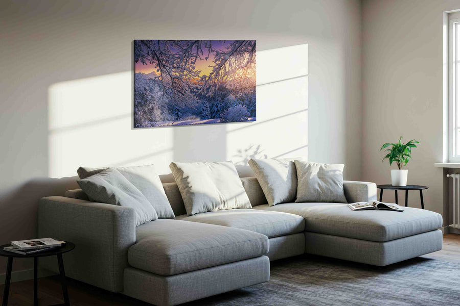 Ethereal Winter Dawn winter canvas print, displayed in a living room