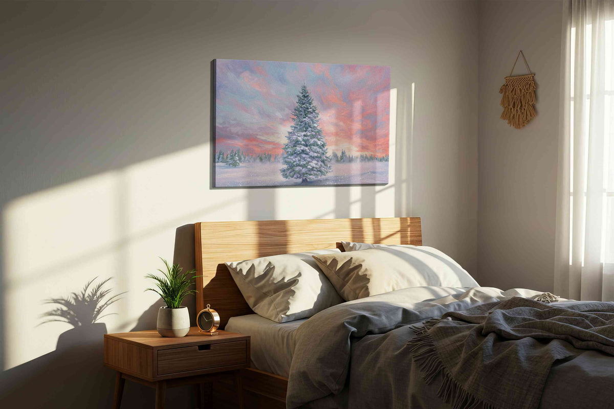 Ethereal Winter Dawn II winter canvas print, displayed in a bedroom