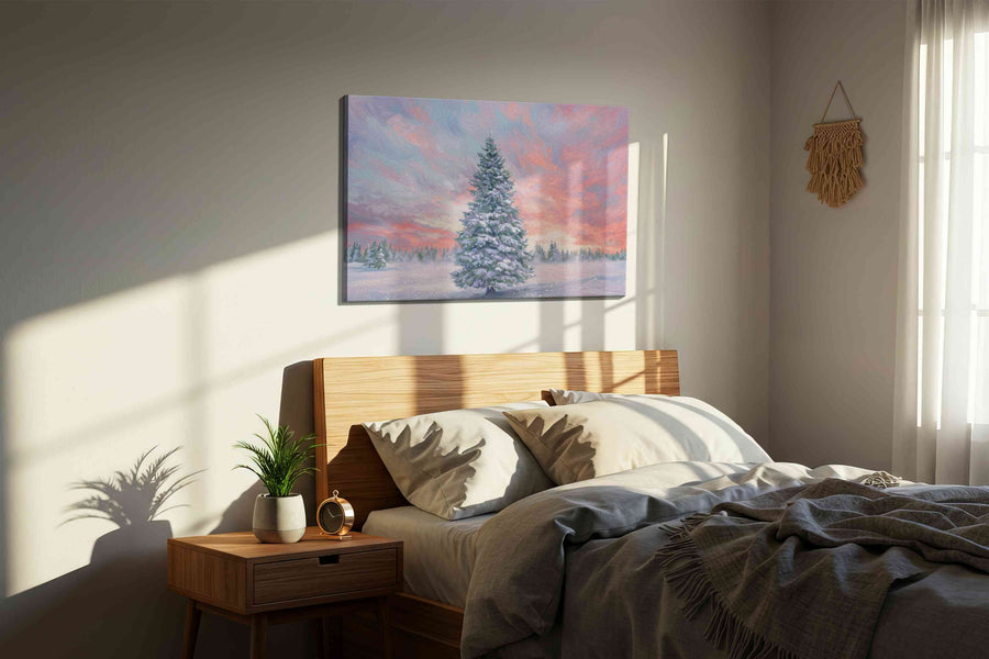 Ethereal Winter Dawn II winter canvas print, displayed in a bedroom