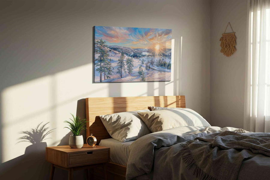 Ethereal Winter Glow winter canvas print, displayed in a bedroom
