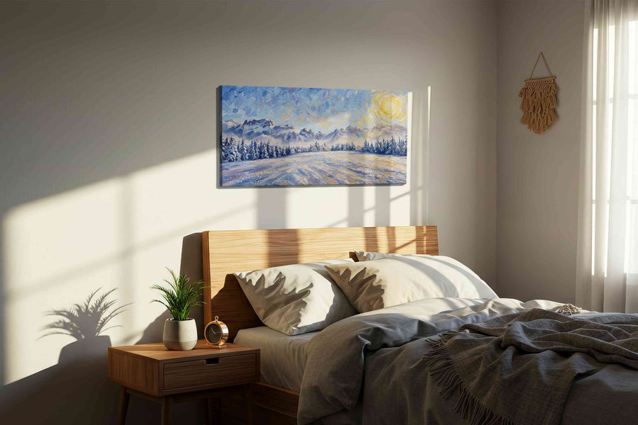 Frozen Serenity at Dawn winter canvas print, displayed in a bedroom