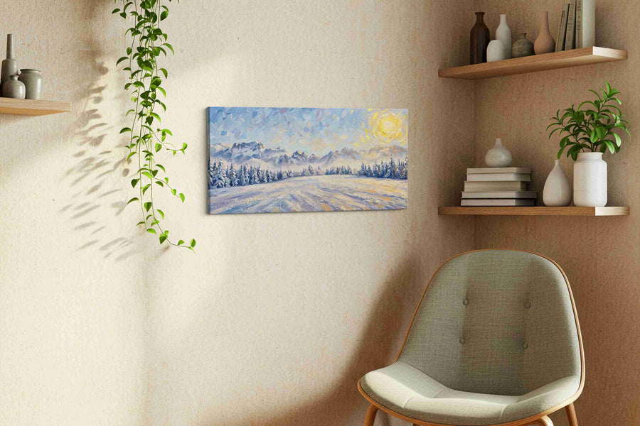 Frozen Serenity at Dawn winter canvas print, displayed in a living room