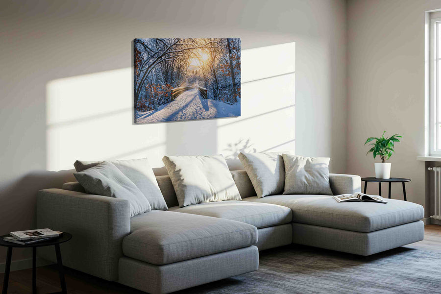 Frozen Sunrise Passage winter canvas print, displayed in a living room