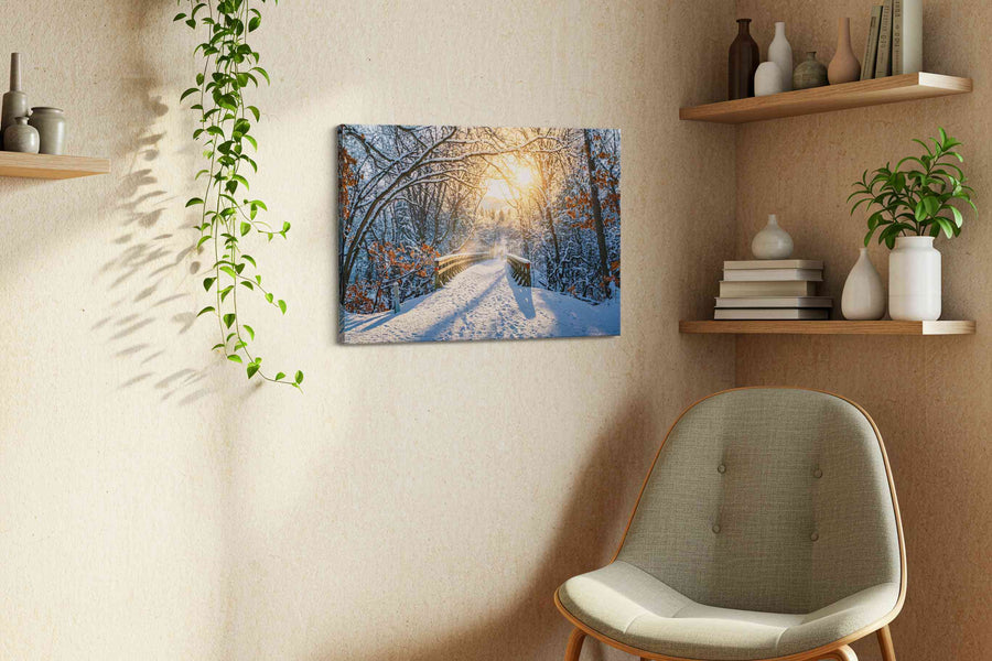 Frozen Sunrise Passage winter canvas print styled in a living room