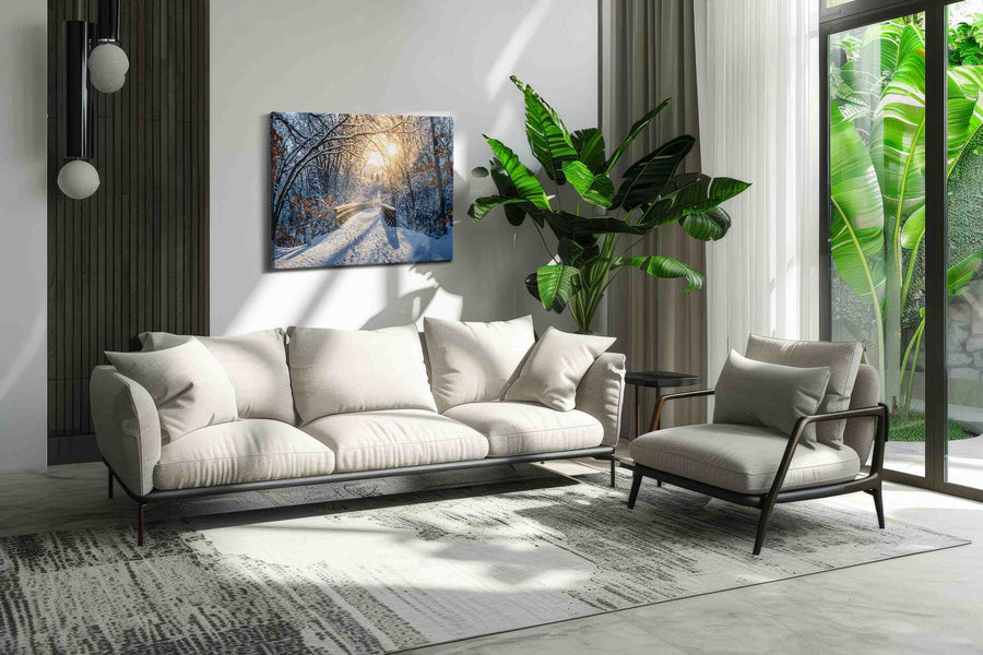 Frozen Sunrise Passage winter canvas print, on wall, lifestyle preview
