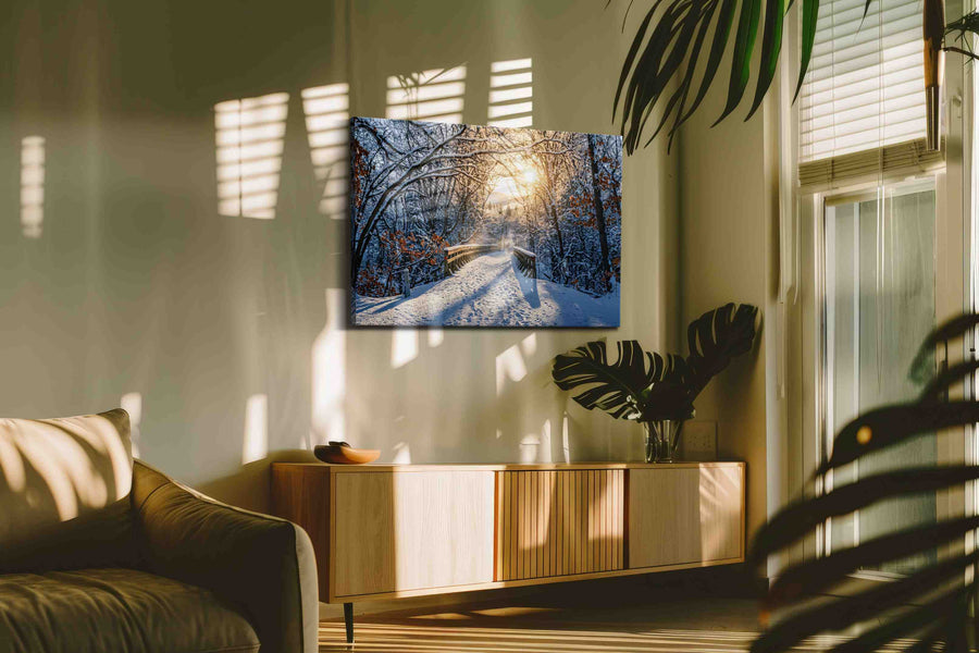 Frozen Sunrise Passage winter canvas print in a contemporary interior mockup