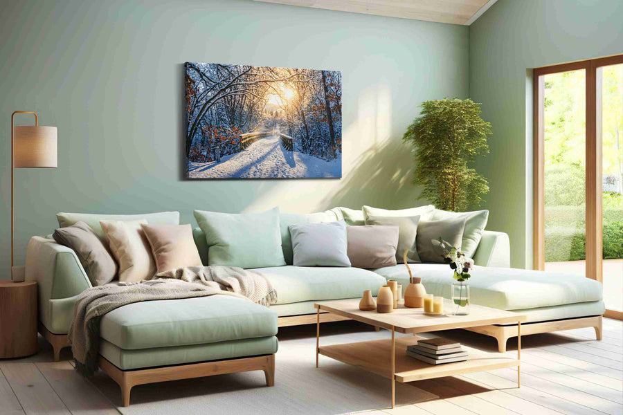 Frozen Sunrise Passage winter canvas print, hanging on wall