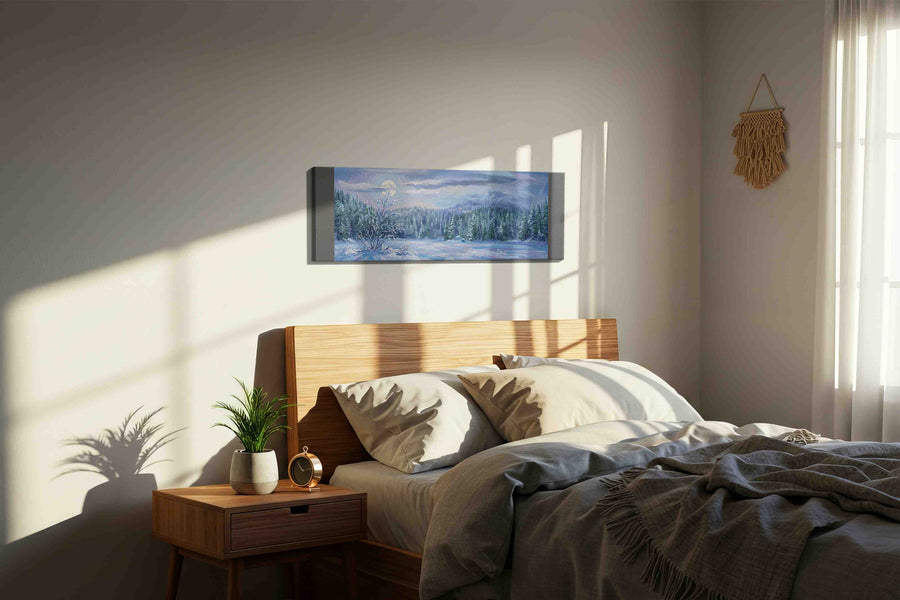 Moonlit Winter Serenity winter canvas print, displayed in a bedroom