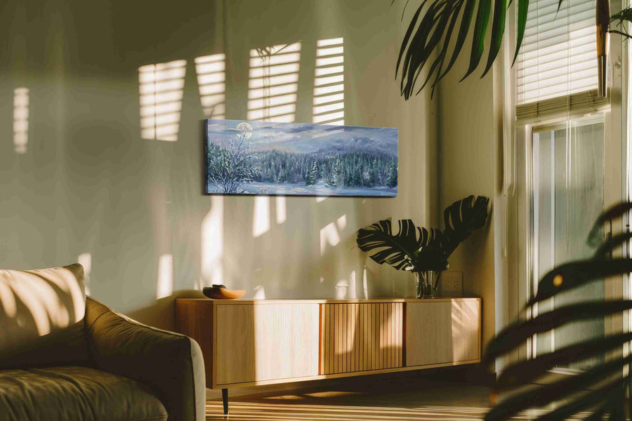 Moonlit Winter Serenity winter canvas print in a hung canvas mockup