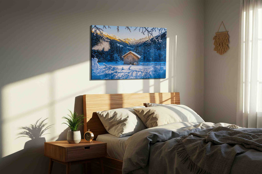Whispers of Winter Dawn winter canvas print, displayed in a bedroom
