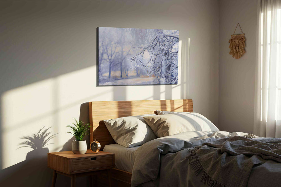 Whispers of Winter Frost winter canvas print, displayed in a bedroom