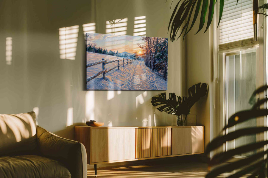 Whispers of Winter Gleam winter canvas print, on wall, lifestyle preview