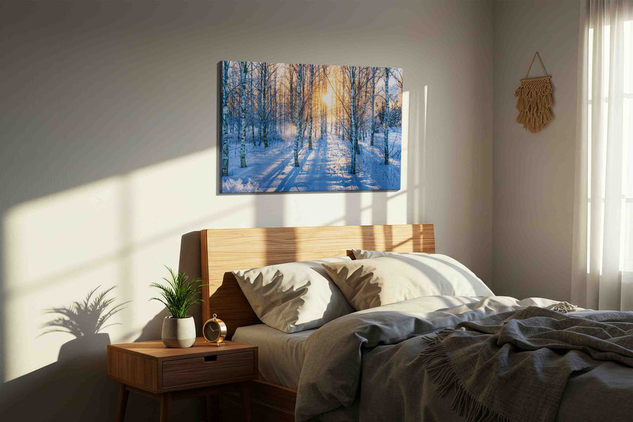 Whispers of Winter Light winter canvas print, displayed in a bedroom