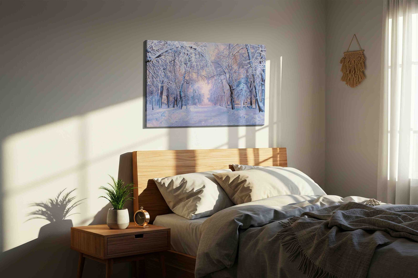Whispers of Winter Twilight winter canvas print, displayed in a bedroom