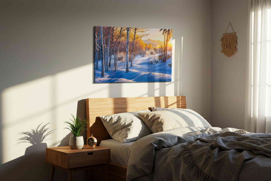 Whispers of Winter's Dawn winter canvas print, displayed in a bedroom