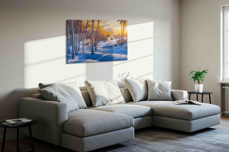 Whispers of Winter's Dawn winter canvas print in a living room scene