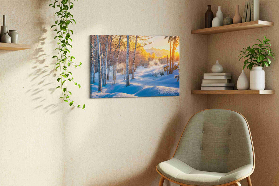 Whispers of Winter's Dawn winter canvas print, displayed in a living room