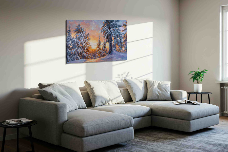 Whispers of Winter's Dawn II winter canvas print, displayed in a living room