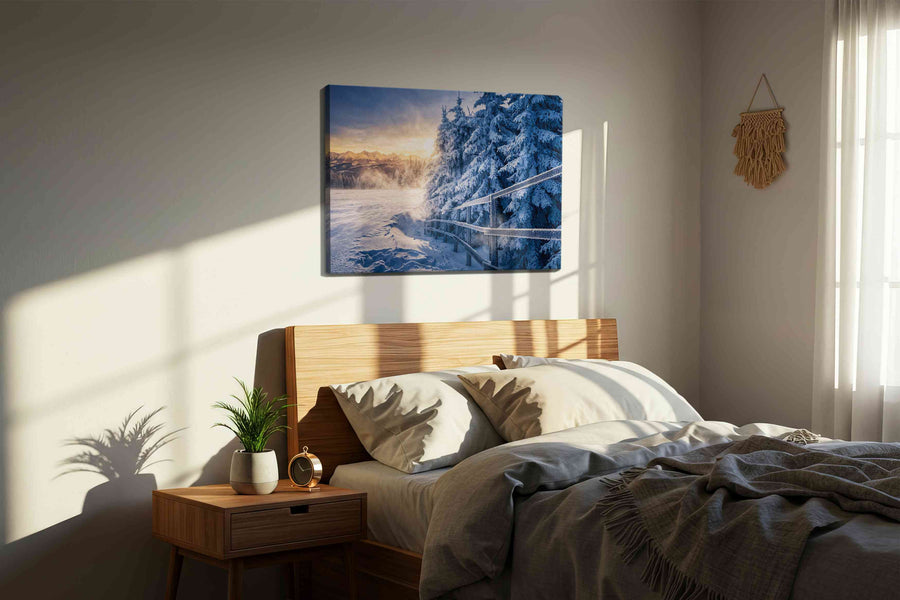 Whispers of a Winter Morning winter canvas print, displayed in a bedroom
