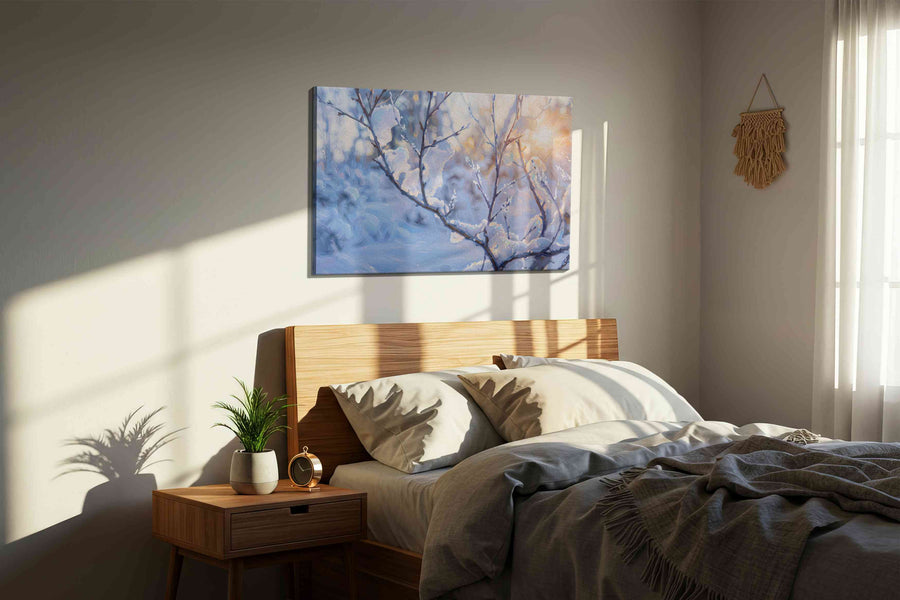 Winter's Serene Embrace winter canvas print, displayed in a bedroom