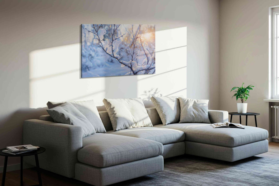 Winter's Serene Embrace winter canvas print, displayed in a living room