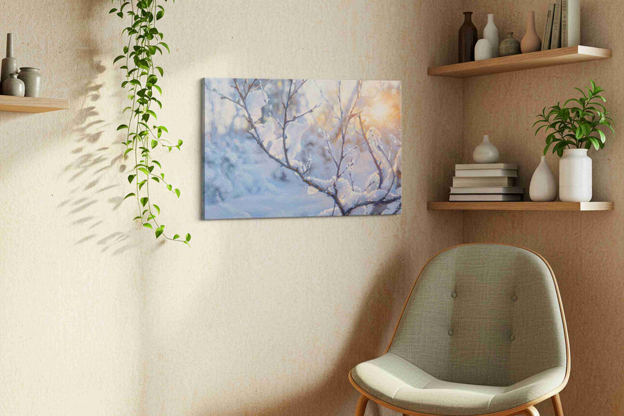 Winter's Serene Embrace winter canvas print styled in a living room