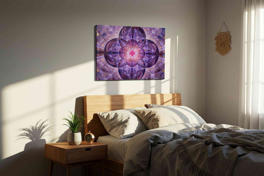 Celestial Symmetry geometric canvas print, displayed in a bedroom
