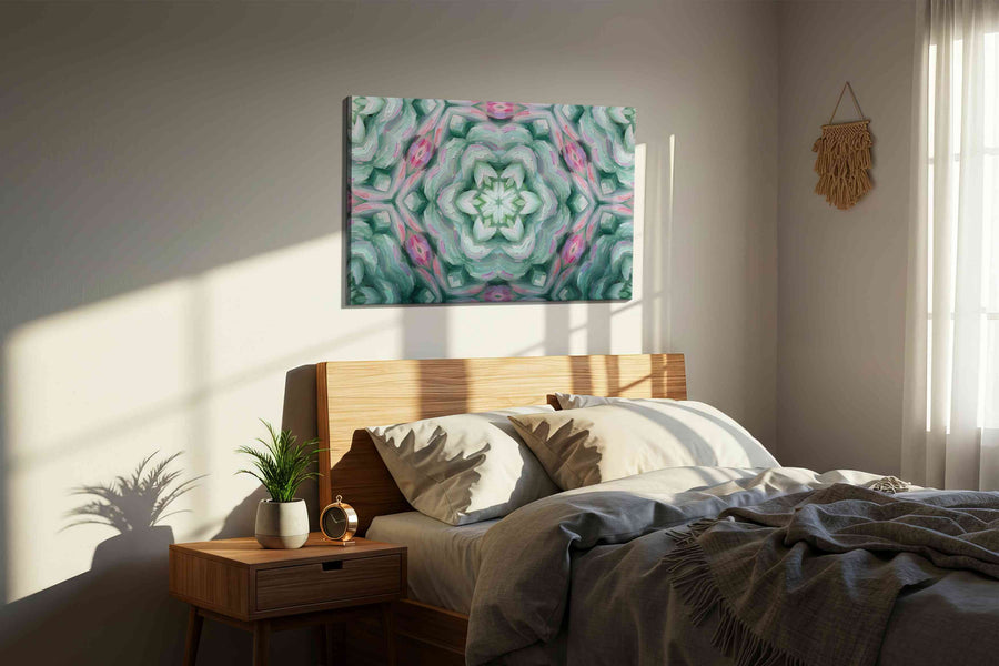 Ethereal Floral Symphony geometric canvas print, displayed in a bedroom