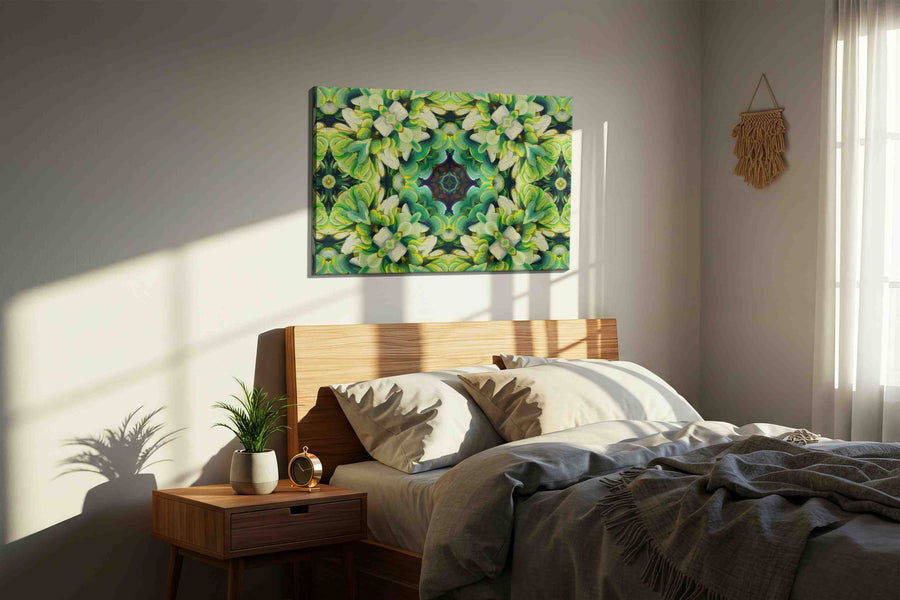 Verdant Whirlwind Symphony geometric canvas print, displayed in a bedroom