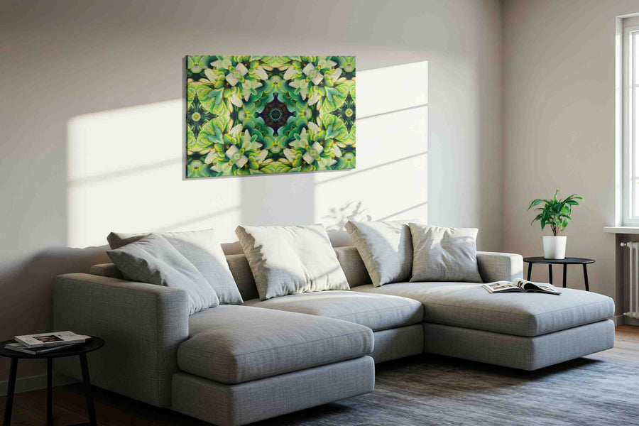 Verdant Whirlwind Symphony geometric canvas print, displayed in a living room