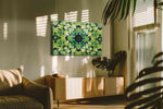 Verdant Whirlwind Symphony geometric canvas print, hanging on wall