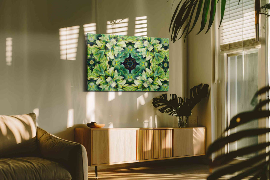 Verdant Whirlwind Symphony geometric canvas print, hanging on wall