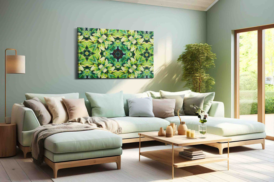 Verdant Whirlwind Symphony geometric canvas print shown in a wall scene