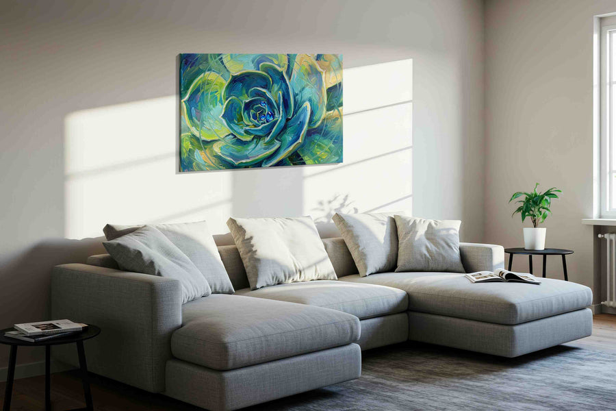 Whirl of Verdant Dreams geometric canvas print, displayed in a living room