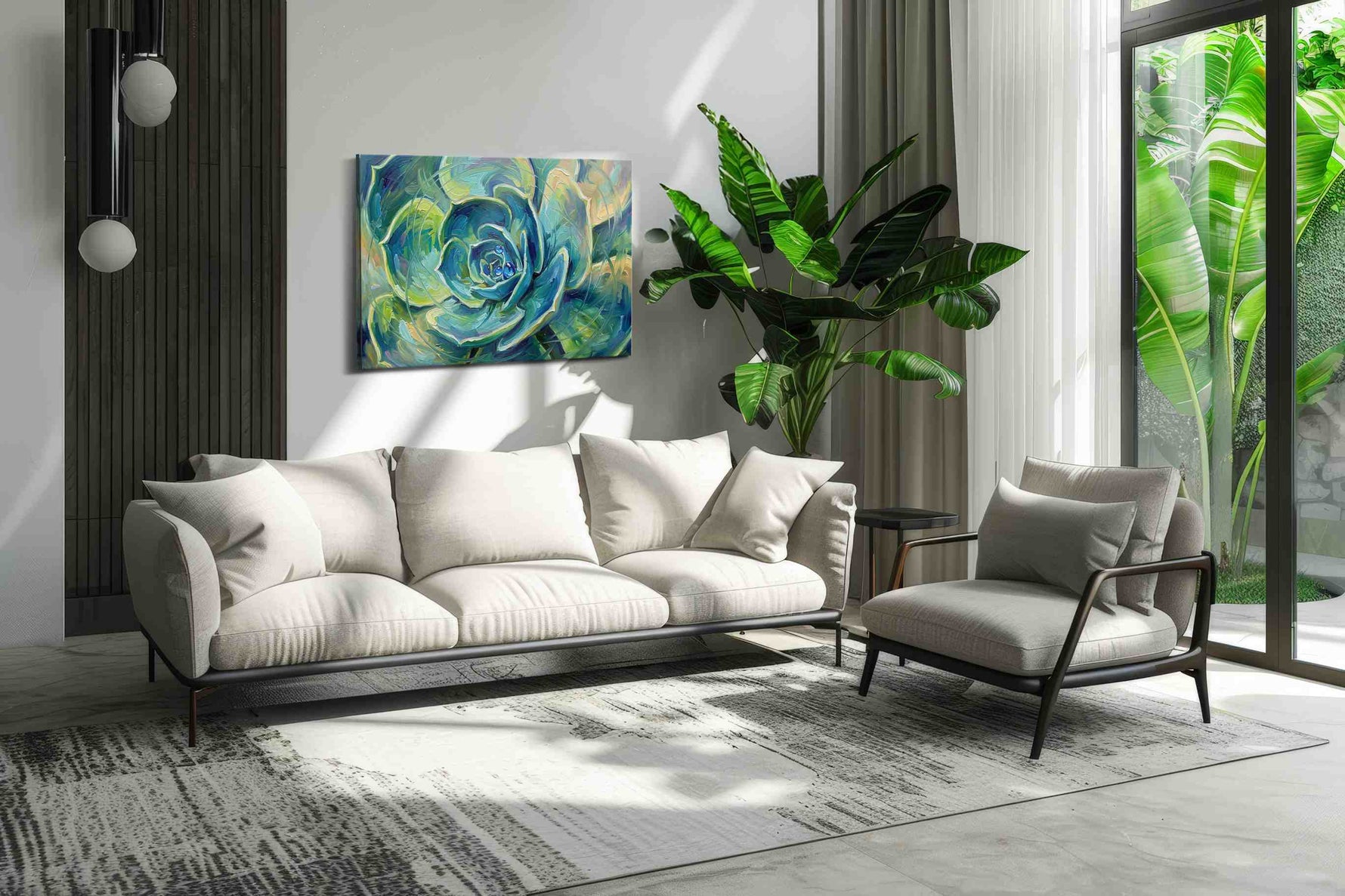 Whirl of Verdant Dreams geometric canvas print in a modern interior mockup