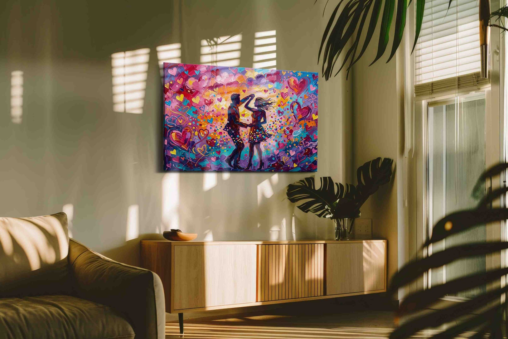 Dancing Hearts in Twilight romance canvas print, hanging on wall
