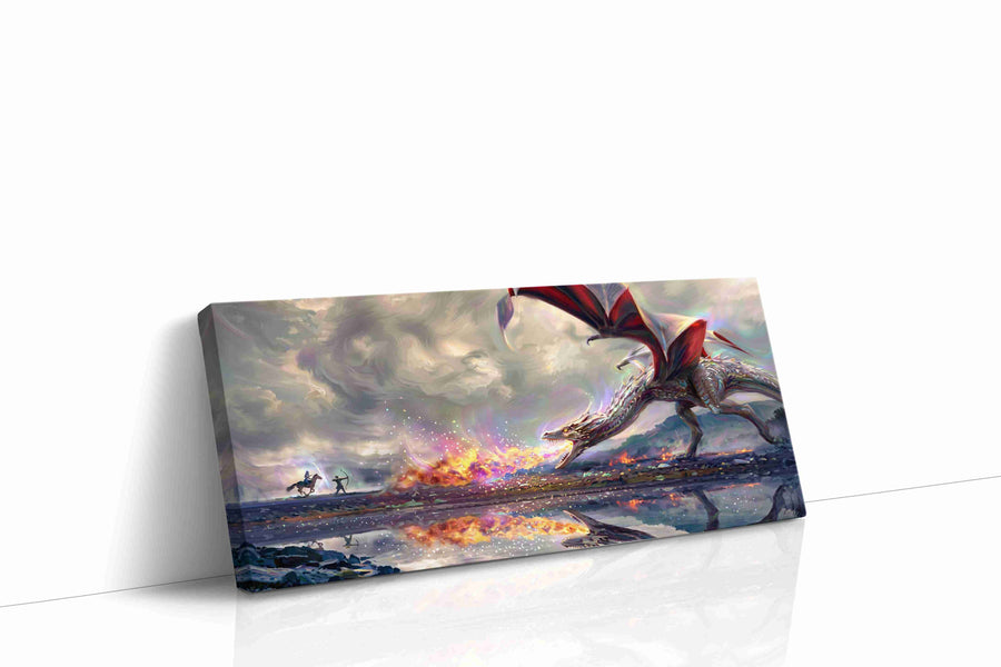 Dragon's Fiery Lament fantasy canvas print gallery-wrapped landscape canvas studio shot