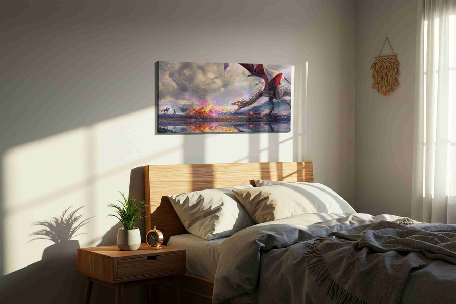 Dragon's Fiery Lament fantasy canvas print, displayed in a bedroom