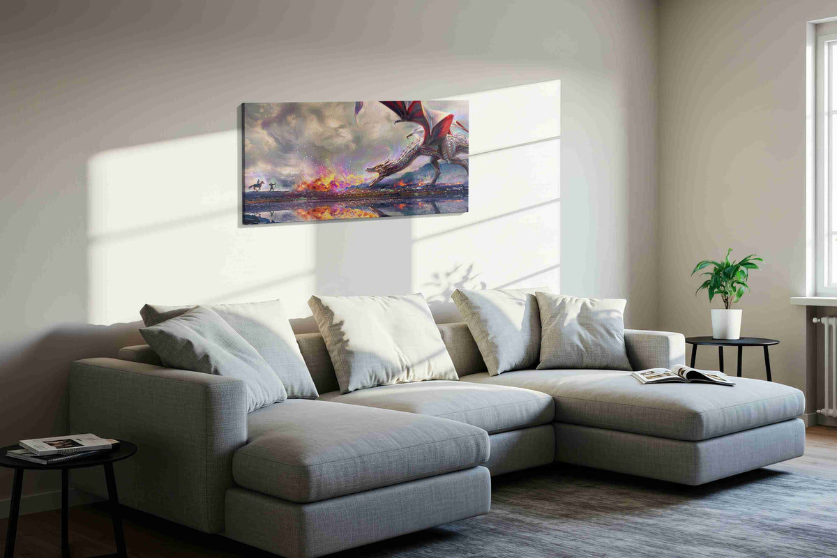Dragon's Fiery Lament fantasy canvas print, displayed in a living room